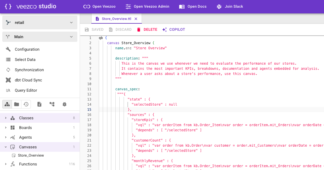 Veezoo Studio showing a Store Overview canvas defined inside the Knowledge Graph as a reusable building block